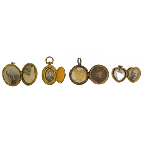 2119 - Four antique and later yellow metal lockets including a love heart example with engraved decoration,... 