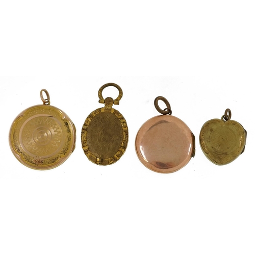 2119 - Four antique and later yellow metal lockets including a love heart example with engraved decoration,... 