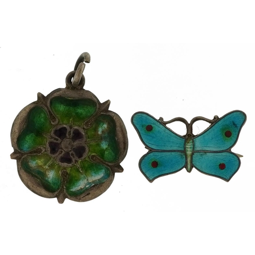 2138 - Silver and enamel Tudor rose pendant and enamel butterfly brooch, the largest 2.5cm high, total 4.1g