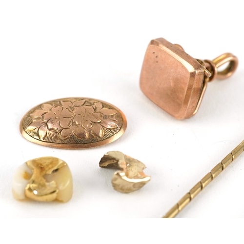 2164 - Antique and later gold jewellery including seal fob, cufflink with engraved engraved decoration and ... 