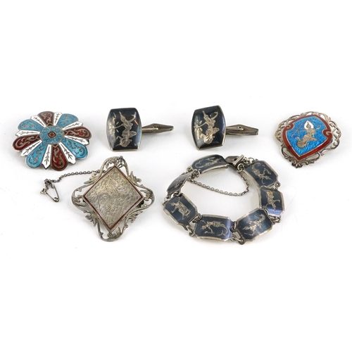 2257 - Silver jewellery comprising Siam panelled bracelet and matching cufflinks and three enamelled brooch... 