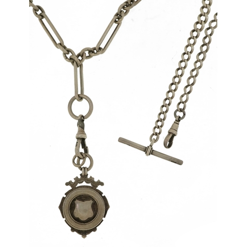 2255 - Two watch chains with T bars include a silver example with Edwardian jewel, the largest 34cm in leng... 