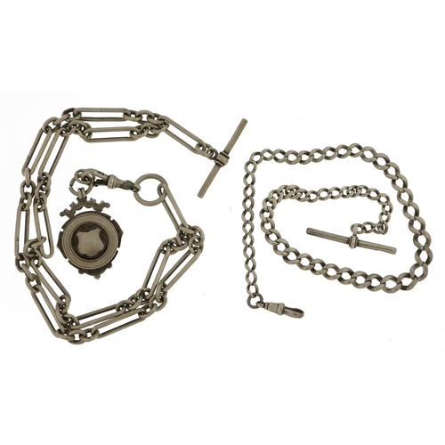 2255 - Two watch chains with T bars include a silver example with Edwardian jewel, the largest 34cm in leng... 