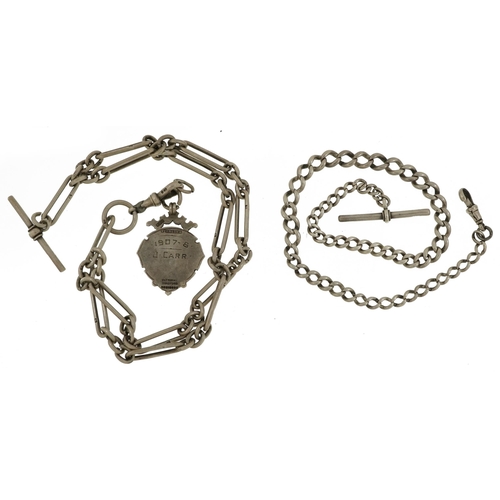 2255 - Two watch chains with T bars include a silver example with Edwardian jewel, the largest 34cm in leng... 