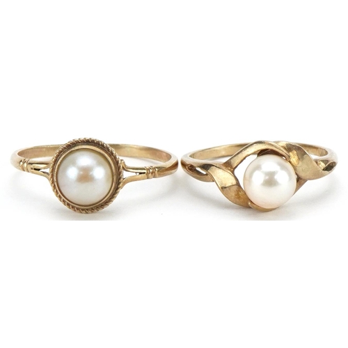 2226 - Two 9ct gold cultured pearl solitaire rings, sizes O and R, total 3.9g