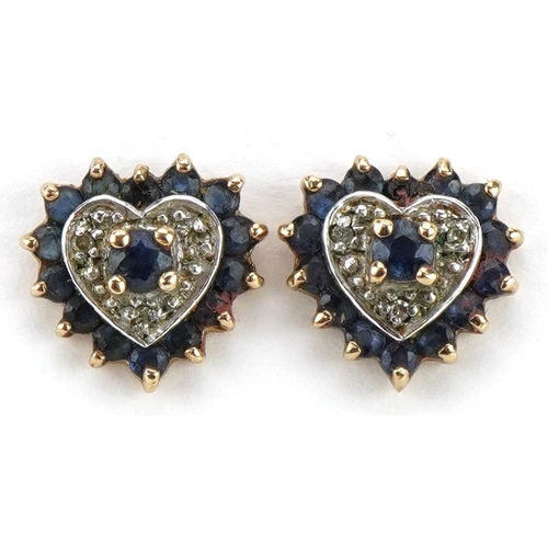 2200 - Pair of 9ct gold diamond and sapphire love heart stud earrings, 1.0cm high, 1.7g