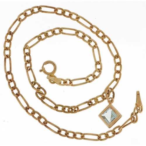 2202 - 9ct gold Figaro link bracelet with topaz charm, 24cm in length, 1.2g