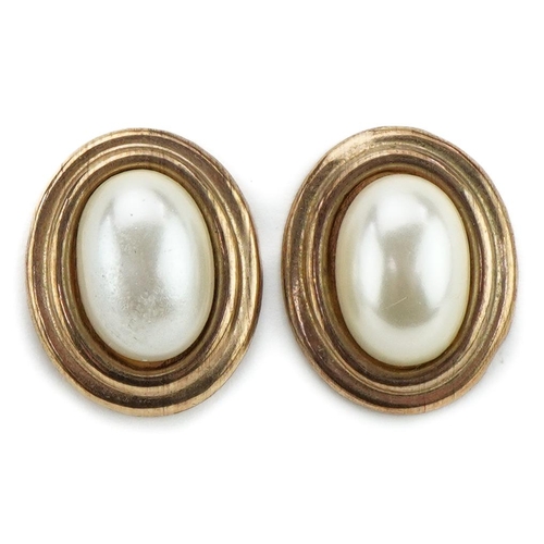 2227 - Pair of unmarked gold cabochon pearl effect stud earrings, 2.1cm high, 2.3g