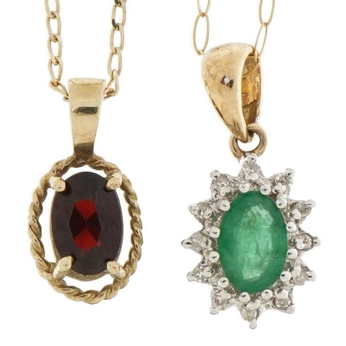 2224 - Two 9ct gold pendants comprising emerald and diamond and garnet solitaire, each on 9ct gold necklace... 