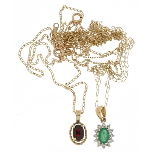 2224 - Two 9ct gold pendants comprising emerald and diamond and garnet solitaire, each on 9ct gold necklace... 