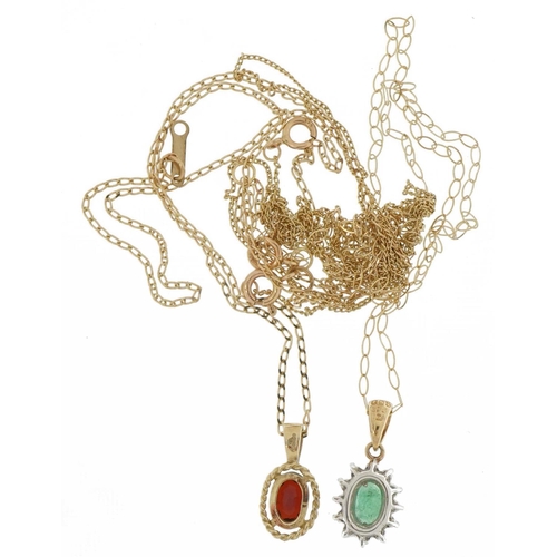 2224 - Two 9ct gold pendants comprising emerald and diamond and garnet solitaire, each on 9ct gold necklace... 