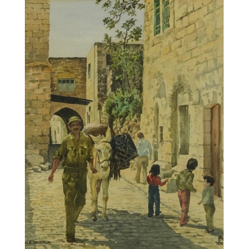 665 - Jerusalem street scene with soldier and donkey, watercolour, inscribed Old Jerusalem and monogrammed... 