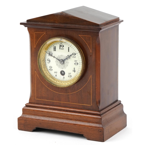 648 - Edwardian inlaid mahogany mantle clock, the enamelled dial with Arabic numerals, 24cm high