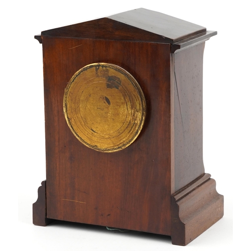 648 - Edwardian inlaid mahogany mantle clock, the enamelled dial with Arabic numerals, 24cm high