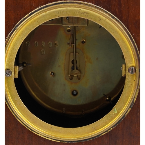 648 - Edwardian inlaid mahogany mantle clock, the enamelled dial with Arabic numerals, 24cm high