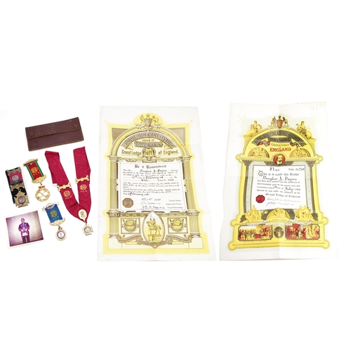 1606 - Four Royal Order of Buffaloes silver and enamel jewels together with two Grand Lodge certificates re... 