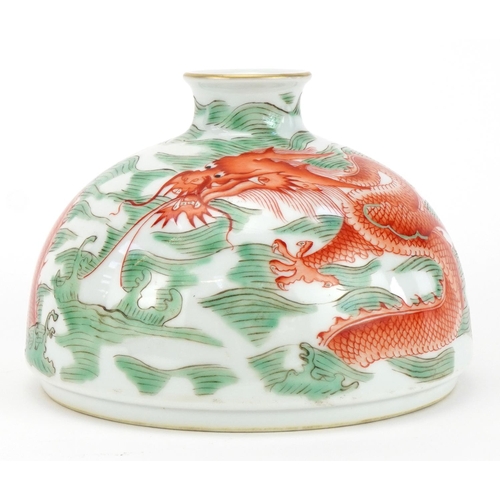 655 - Chinese porcelain beehive water pot hand painted with a dragon amongst water, six figure character m... 