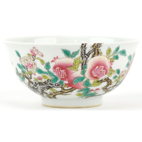 656 - Chinese porcelain bowl hand painted in the famille rose palette with peaches and calligraphy, four f... 