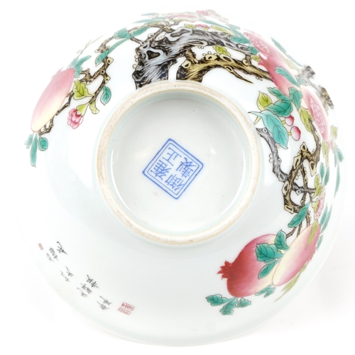 656 - Chinese porcelain bowl hand painted in the famille rose palette with peaches and calligraphy, four f... 