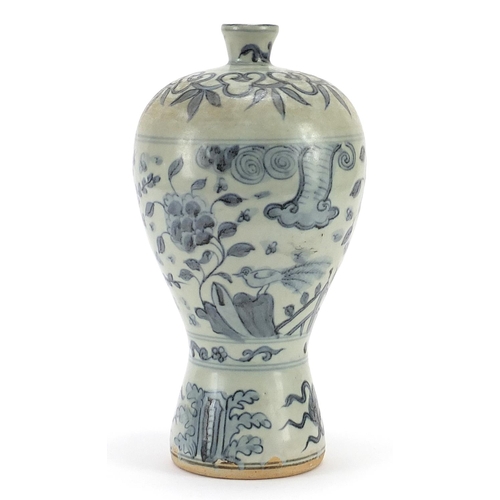 566 - Chinese blue and white porcelain Meiping vase hand painted with birds amongst flowers, 26cm high