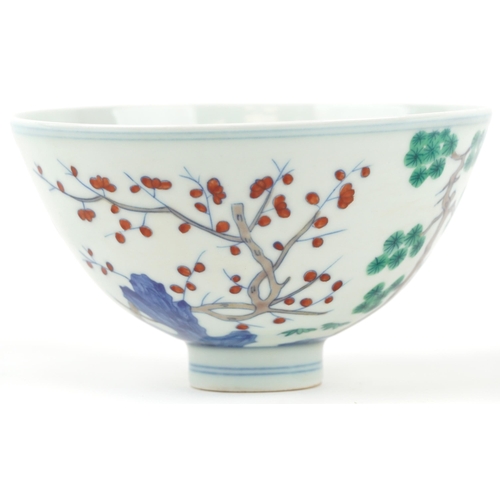 324 - Chinese porcelain wucai footed bowl hand painted trees, six figure character marks to the interior, ... 