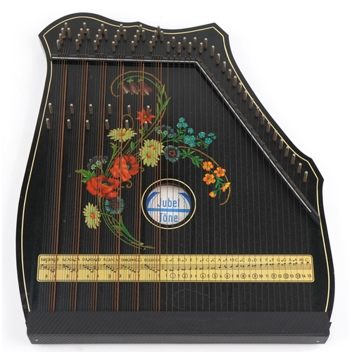 416 - German Jubeltone ebonised zither decorated with flowers, 56cm high