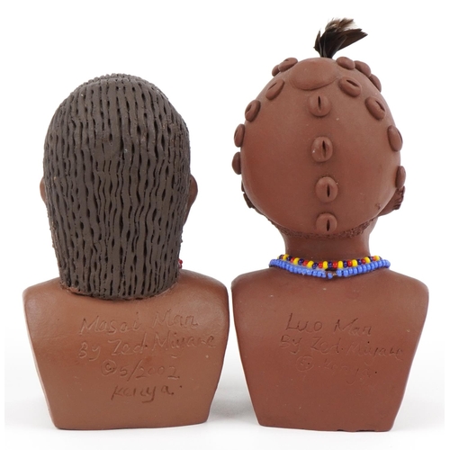 1205 - Zed Miyare, pair of Kenyan terracotta figures of tribespeople with beadwork, the largest 15.5cm high