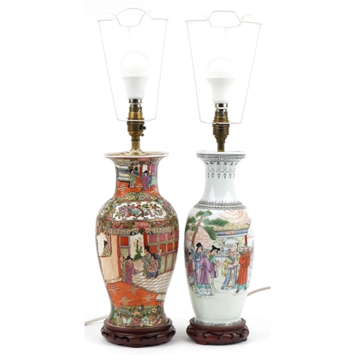 561 - Two Chinese porcelain vase table lamps hand painted with emperors and Geisha girls, 34cm high exclud... 