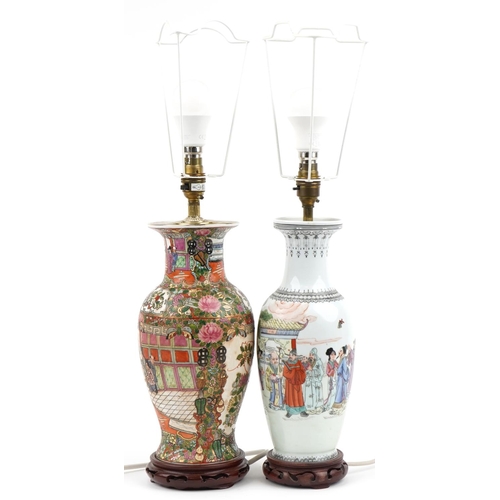 561 - Two Chinese porcelain vase table lamps hand painted with emperors and Geisha girls, 34cm high exclud... 