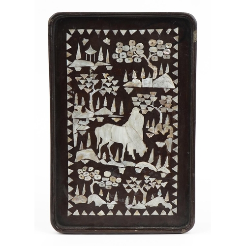 658 - Chinese hardwood tray with mother of pearl inlay decorated with a figure and deer in a landscape, 31... 