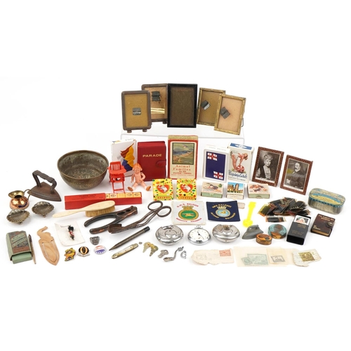 657 - Sundry items including photo frames, playing cards, miniature German porcelain doll, padlocks and an... 