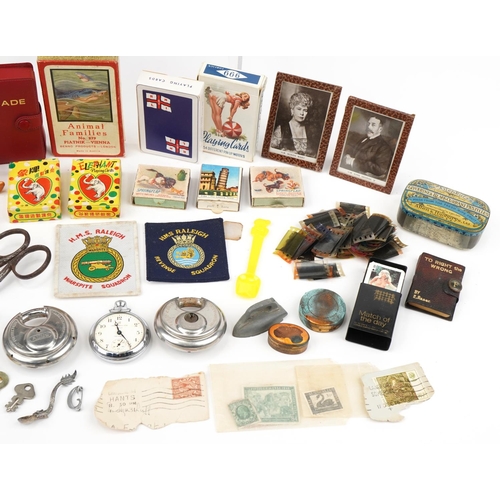 657 - Sundry items including photo frames, playing cards, miniature German porcelain doll, padlocks and an... 