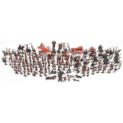 1485 - Collection of hand painted lead soldiers and warriors, some on horseback, the largest 11.5cm in leng... 