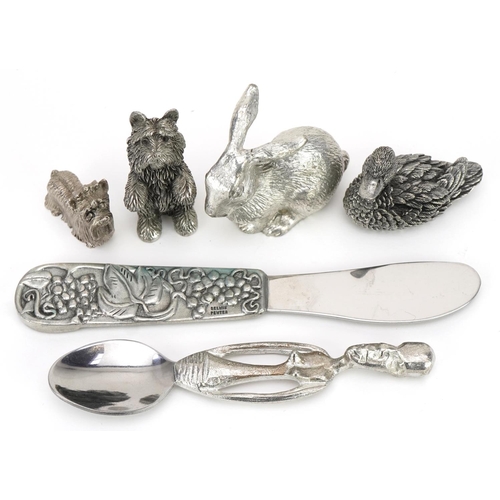 1229 - Various pewter including animals, the largest 13.5cm in length