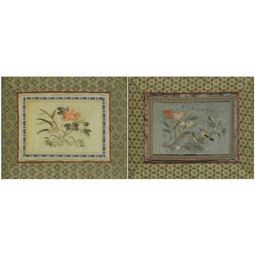 615 - Bird amongst berries and flowers, pair of Chinese silk embroideries, mounted, framed and glazed, eac... 