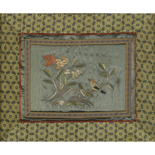 615 - Bird amongst berries and flowers, pair of Chinese silk embroideries, mounted, framed and glazed, eac... 