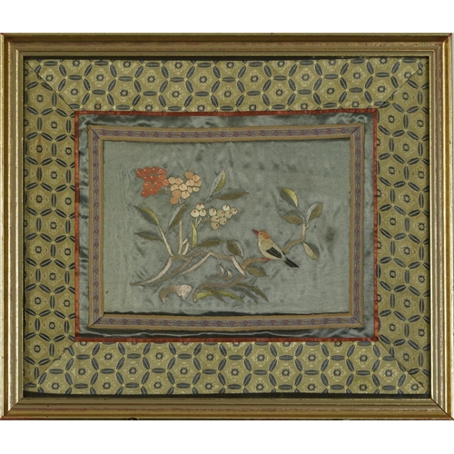 615 - Bird amongst berries and flowers, pair of Chinese silk embroideries, mounted, framed and glazed, eac... 