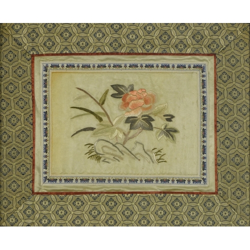 615 - Bird amongst berries and flowers, pair of Chinese silk embroideries, mounted, framed and glazed, eac... 