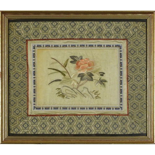 615 - Bird amongst berries and flowers, pair of Chinese silk embroideries, mounted, framed and glazed, eac... 