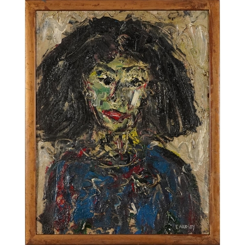 1282 - Manner of Joan Eardley - Abstract composition, portrait of a figure, impasto oil on board, framed, 4... 