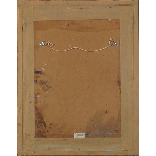 1282 - Manner of Joan Eardley - Abstract composition, portrait of a figure, impasto oil on board, framed, 4... 