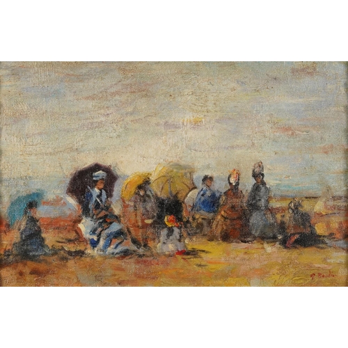 557 - After Eugene Boudin - Seated females on a beach, French Impressionist oil on board, mounted and fram... 