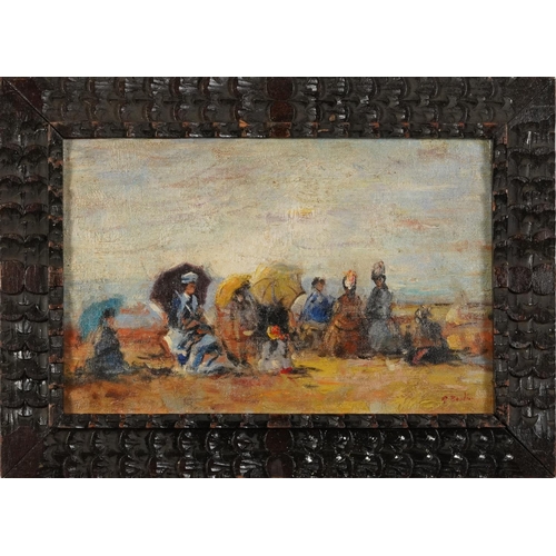 557 - After Eugene Boudin - Seated females on a beach, French Impressionist oil on board, mounted and fram... 