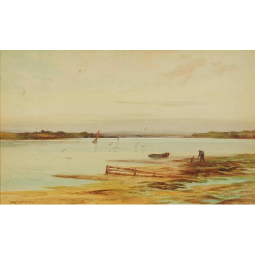 640 - George Oyston 1913 - Moored fishing boat at low tide, early 20th century watercolour, chalk marks ve... 