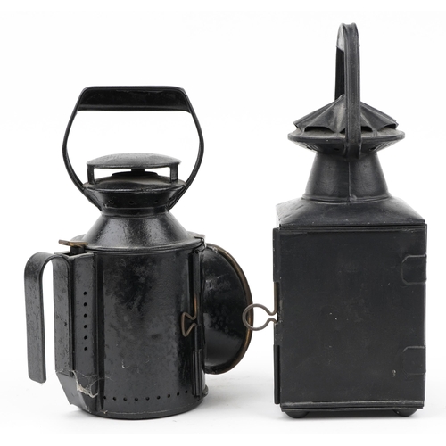 387 - Two British Railway lanterns with Sherwood burners, the largest 33.5cm high