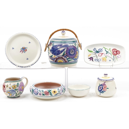 552 - Poole pottery including a blue bird biscuit barrel with swing handle and jug, the largest 16.5cm hig... 