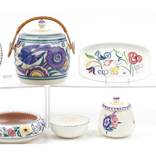 552 - Poole pottery including a blue bird biscuit barrel with swing handle and jug, the largest 16.5cm hig... 