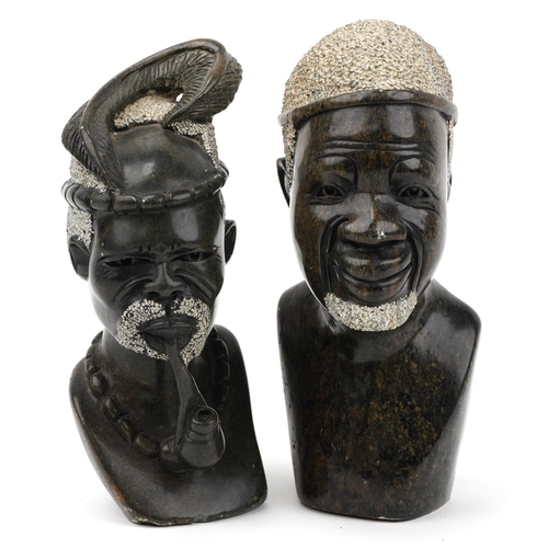 582 - Pair of African carved green hardstone busts of tribesmen, each approximately 26cm high