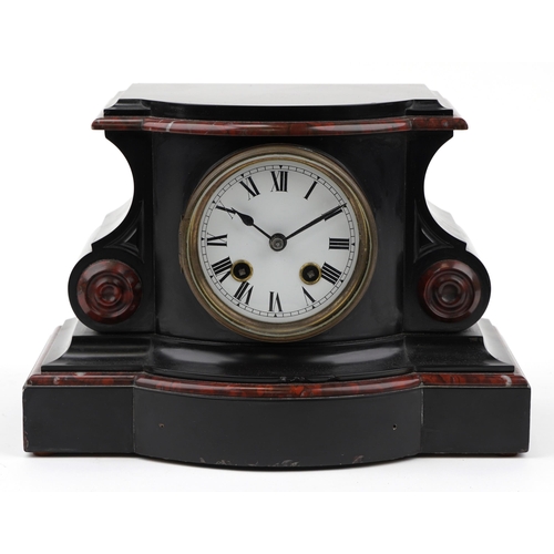 157 - Victorian black slate and red marble mantle clock striking on a gong with circular enamelled dial ha... 