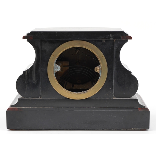 157 - Victorian black slate and red marble mantle clock striking on a gong with circular enamelled dial ha... 